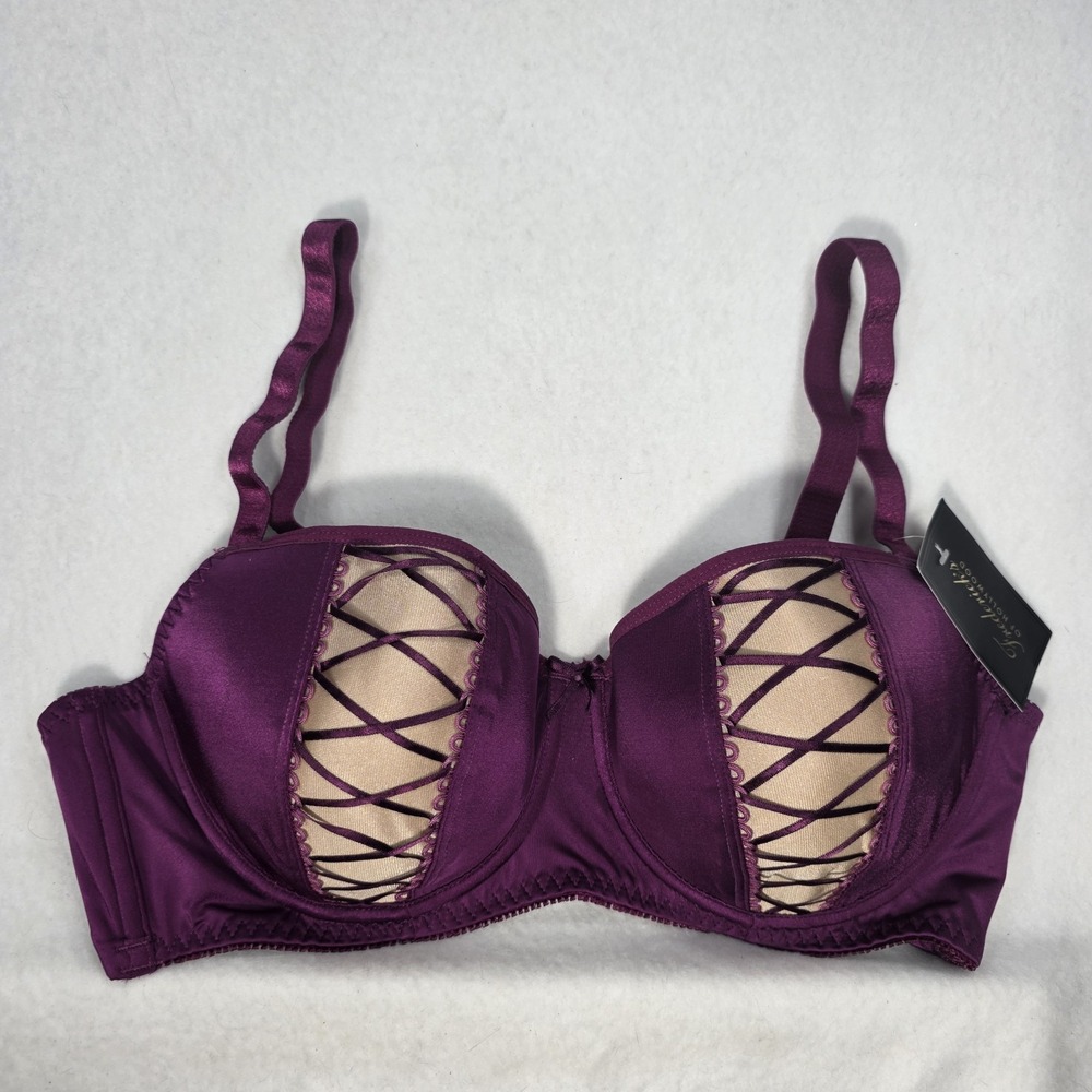Fredericks of Hollywood Bra 34D Padded Purple CrissCross Ribbon Adjustable NWT
